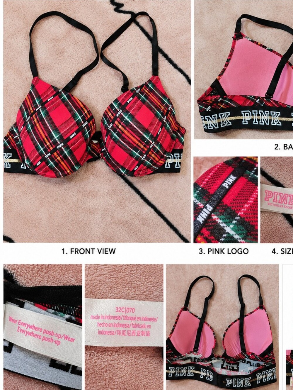 PINK Victoria's Secret Red Plaid Push-Up Bra with Black Straps
